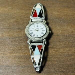 Vintage Collezio Watch Silver Tone Enamel Multicolor Details Stretch Bracelet
